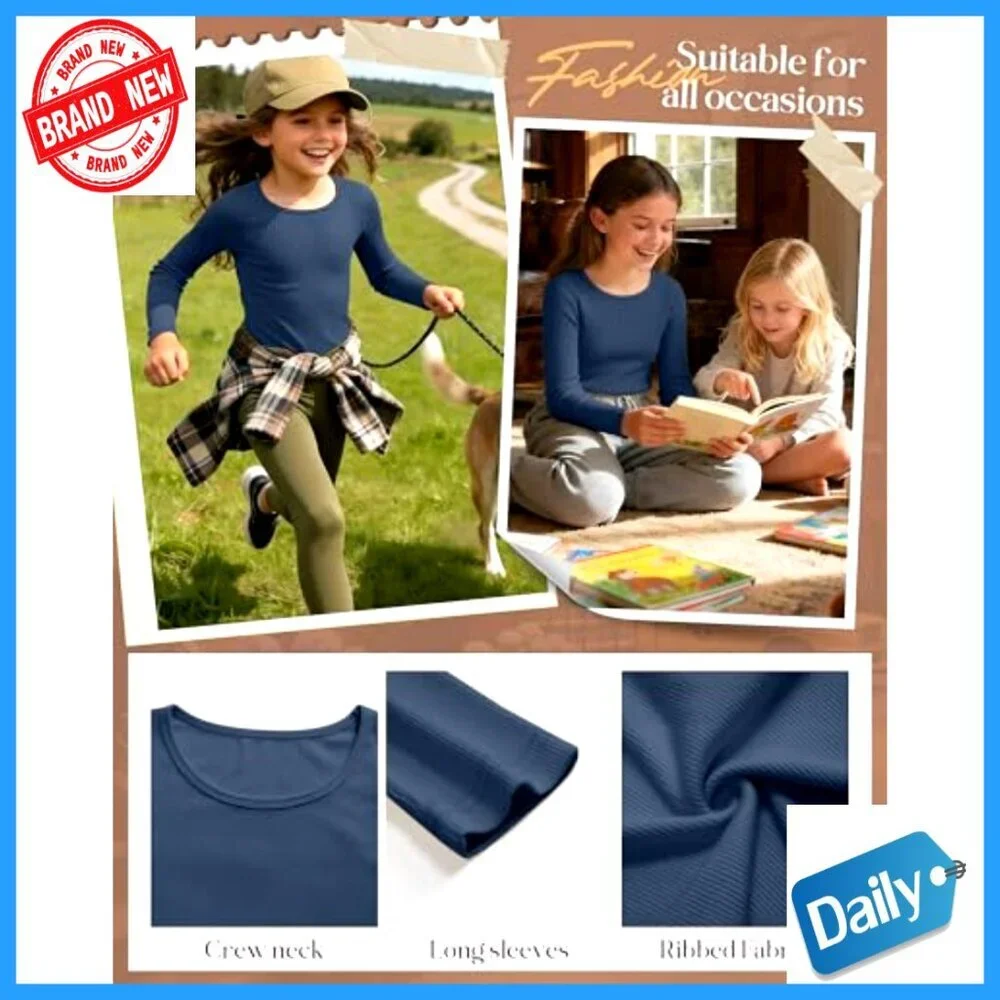 Girls Long Sleeve Cotton Ribbed Slim Fit Tees 3 Pack Layering Undershirts